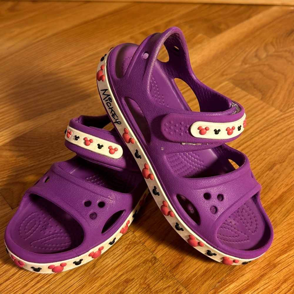 Crocs, girls, size 12, Disney, Mickey Mouse, pink, black, purple, white sandals